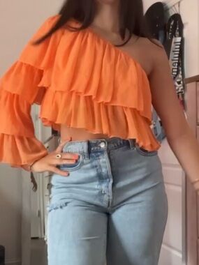 One-Shoulder Ruffled Crop Top in Bright Orange